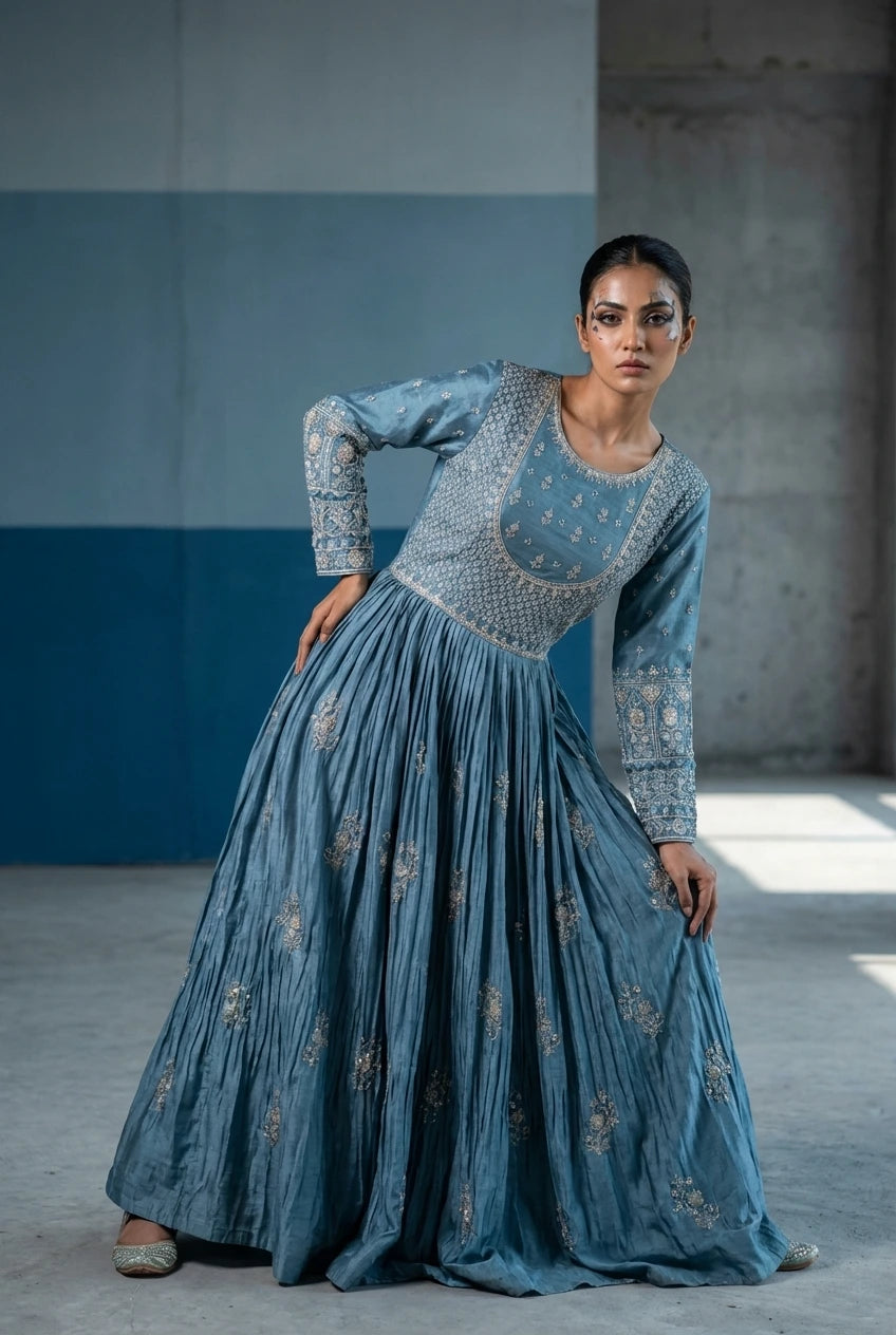 Dusty Blue & Silver Embroidered Raw Silk Anarkali Set