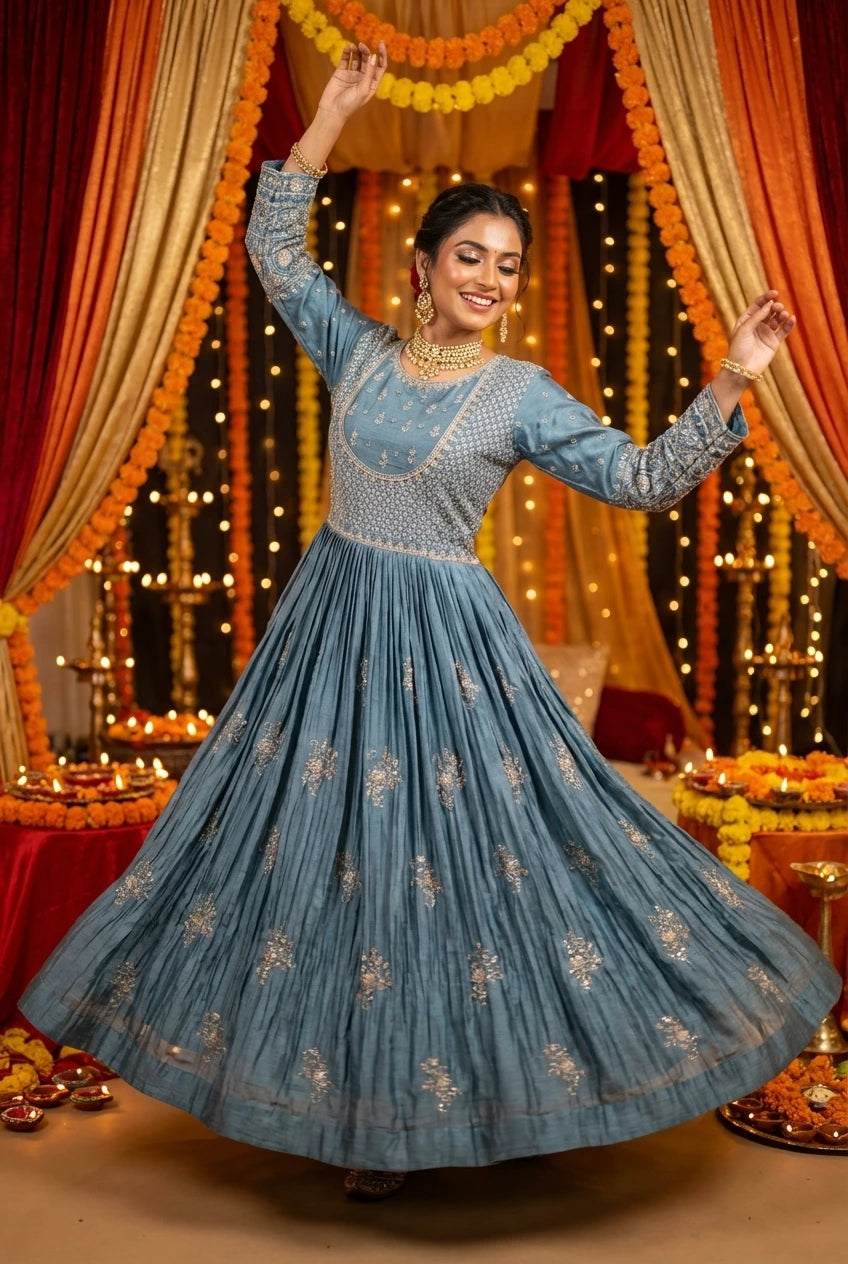 Dusty Blue & Silver Embroidered Raw Silk Anarkali Set