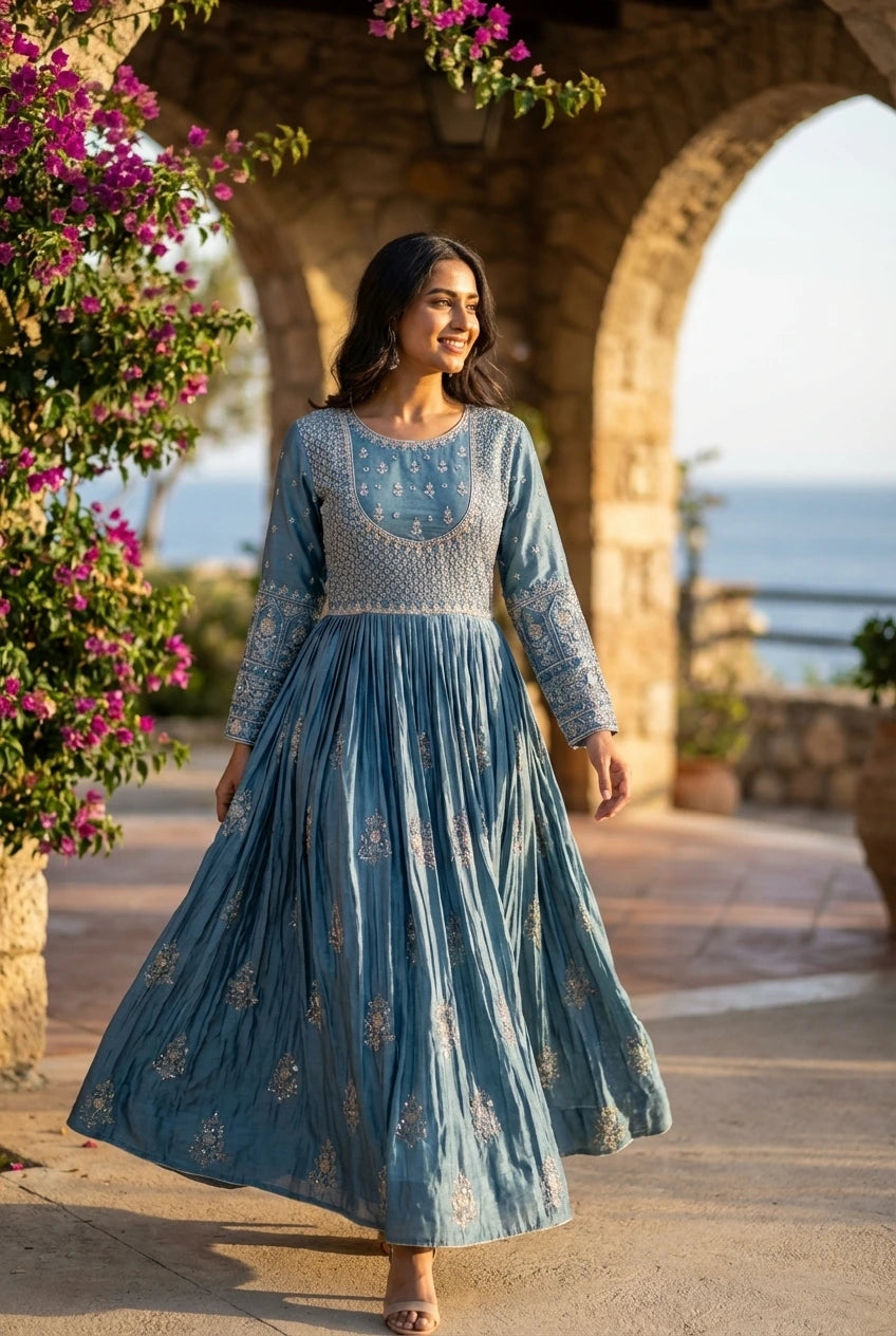 Dusty Blue & Silver Embroidered Raw Silk Anarkali Set