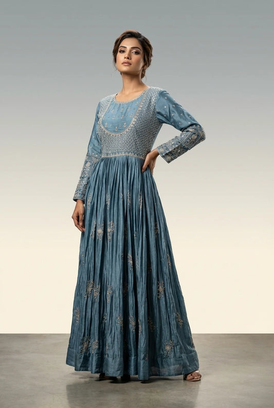 Dusty Blue & Silver Embroidered Raw Silk Anarkali Set