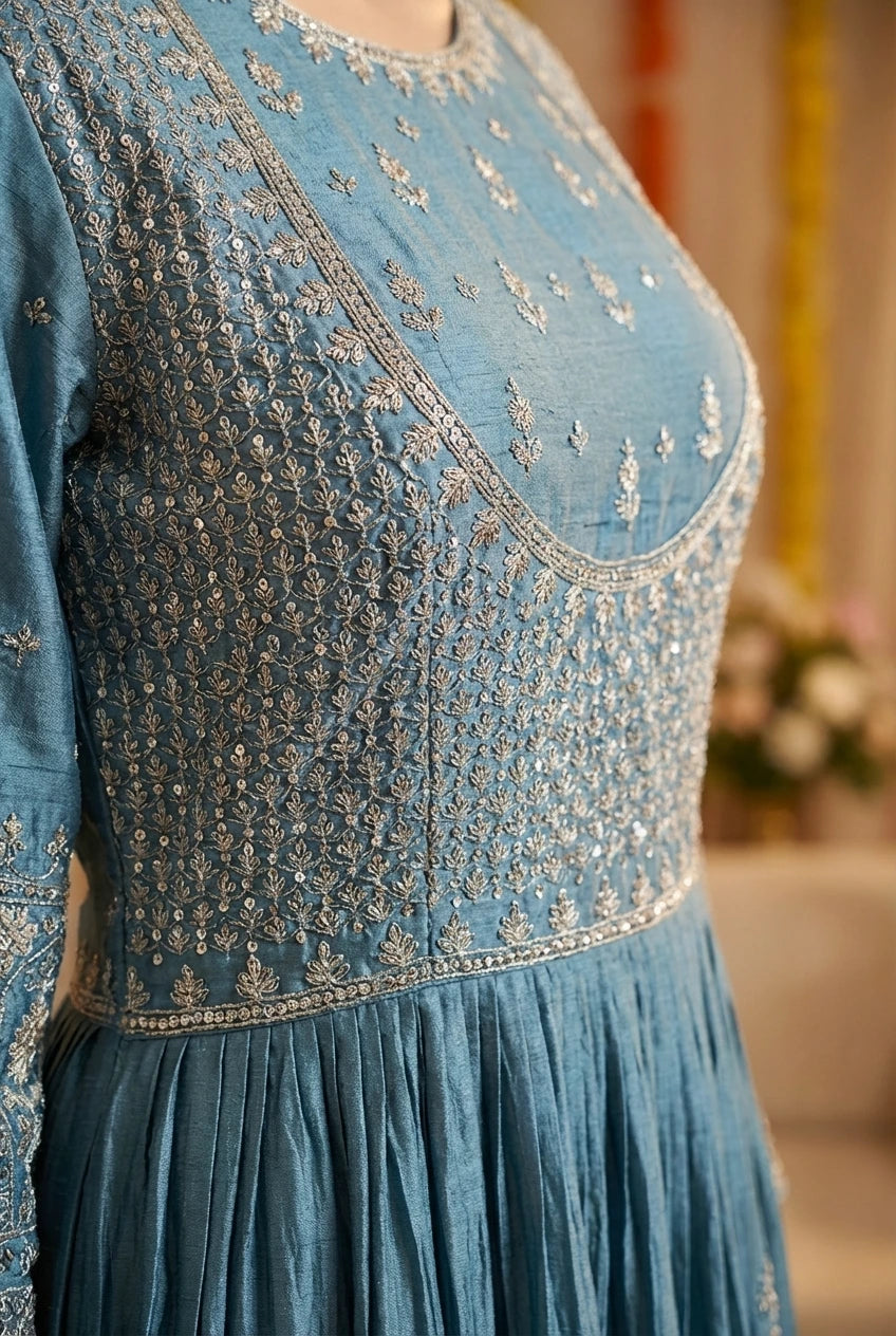 Dusty Blue & Silver Embroidered Raw Silk Anarkali Set