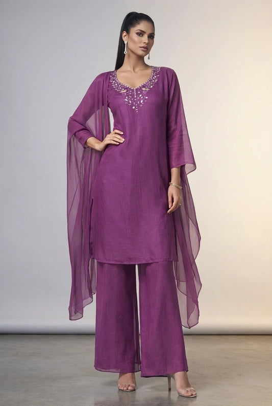 Purple Cape Style Kurta Palazzo Set with Embroidered Neck - Lightweight Georgette Suit for Women