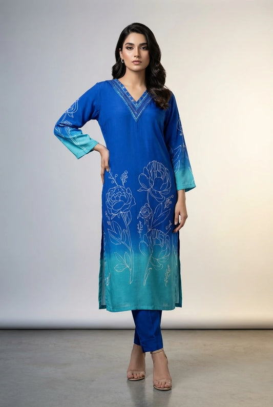 Royal Blue Ombre Floral Printed Straight Kurta Set