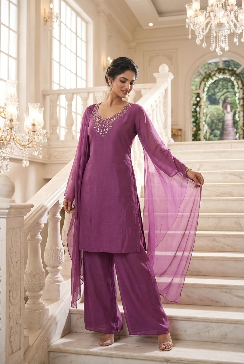 Purple Cape Style Kurta Palazzo Set with Embroidered Neck - Lightweight Georgette Suit for Women