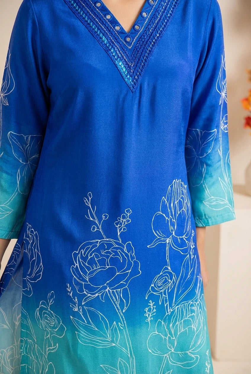 Royal Blue Ombre Floral Printed Straight Kurta Set