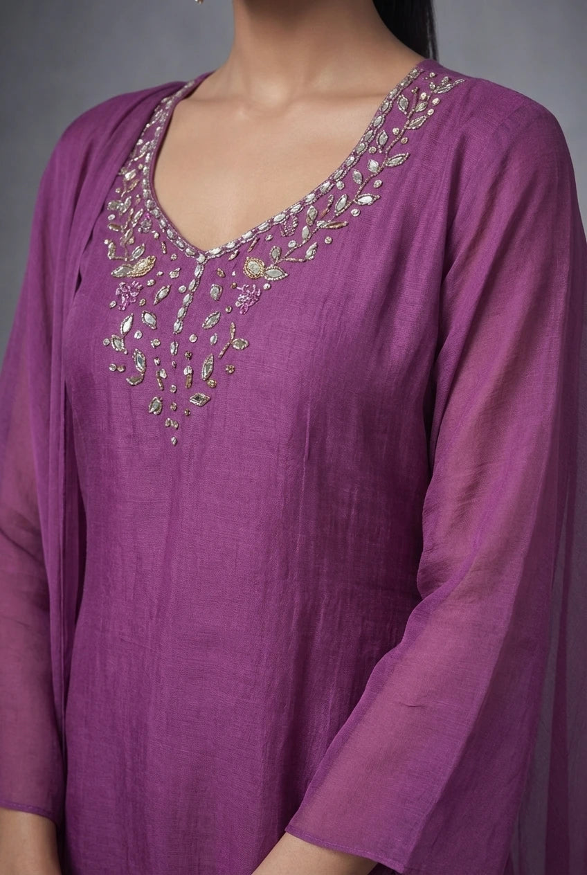 Purple Cape Style Kurta Palazzo Set with Embroidered Neck - Lightweight Georgette Suit for Women